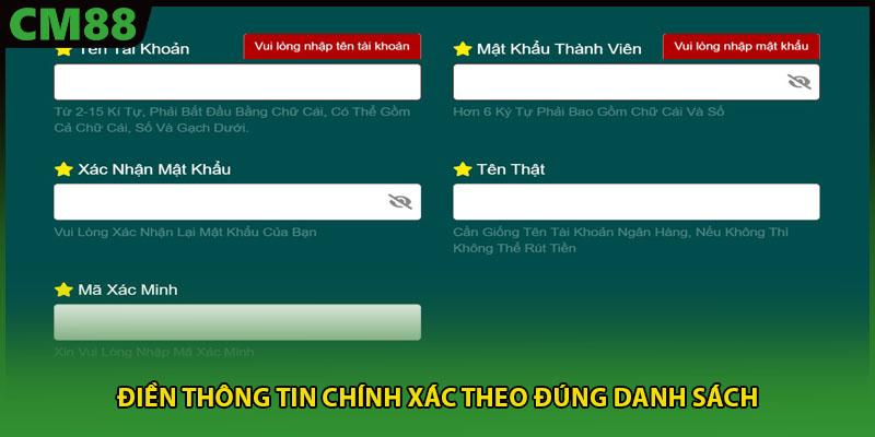 Điền thông tin chính xác theo đúng danh sách